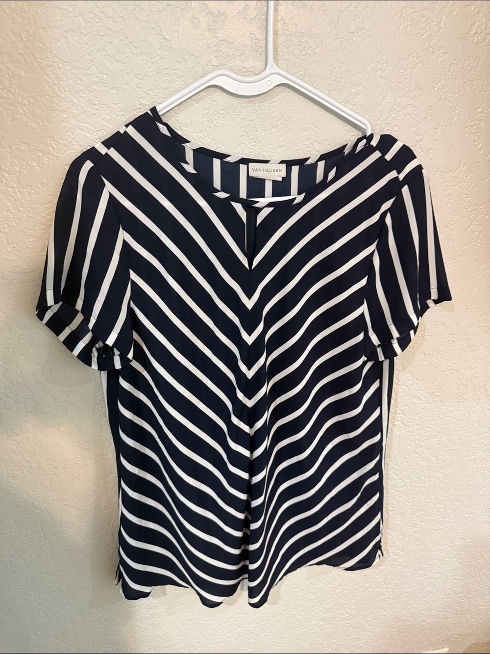 Van Heusen Navy & White Diagonal Stripe Short Sleeve Blouse